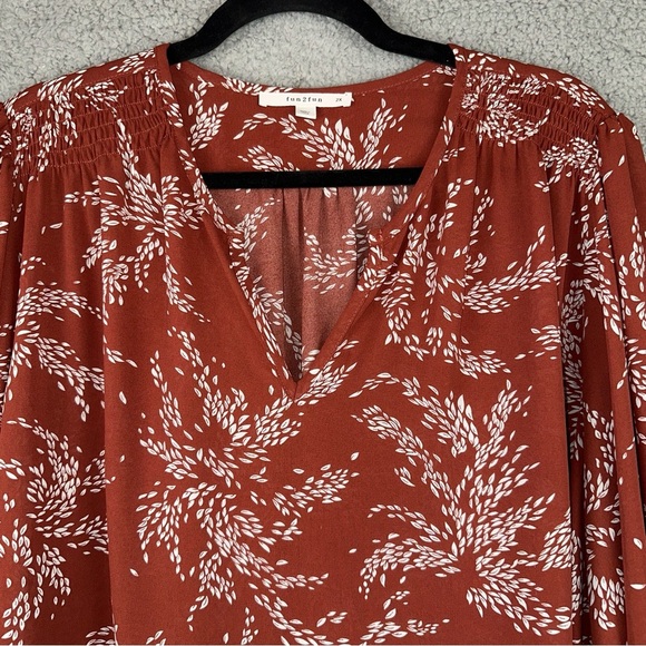 fun2fun Top Womens 2X Brown Floral Smock Shoulder Long Sleeve Blouse - Picture 3 of 10